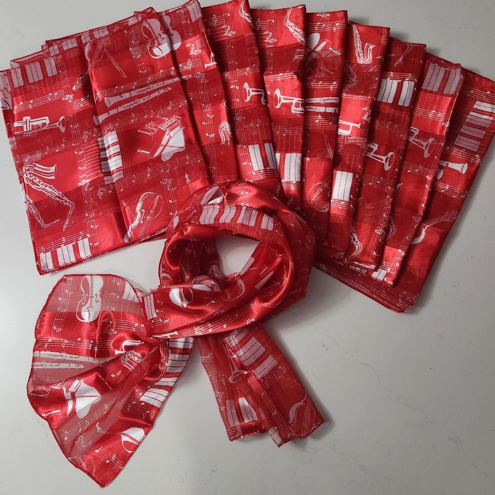 10 Red Musical Instrument Scarves Piano Sax Trumpet Jazz Band Chorus Choir NWT